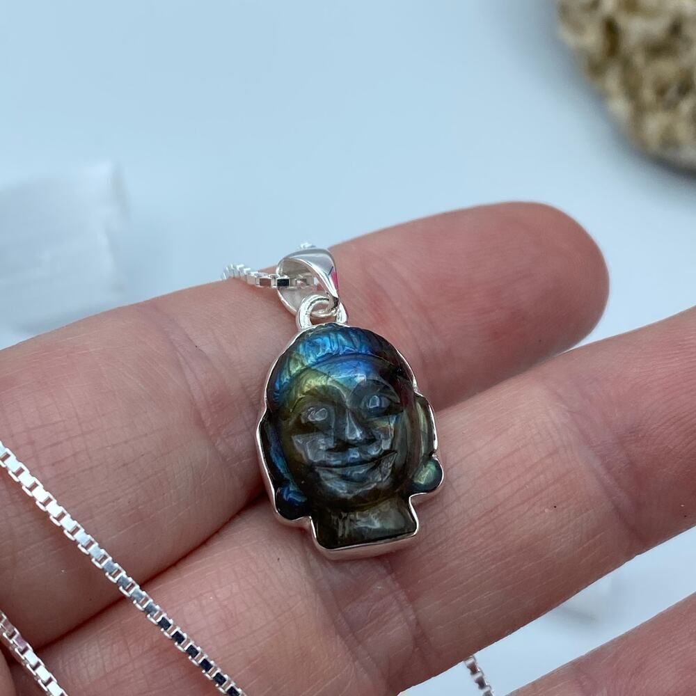 Buddha Carved Labradorite Solid Sterling Silver Necklace